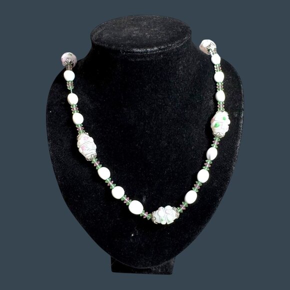 Vtg 26" Milk Glass Beaded Lampwork Necklace Floral Accents Statement Gold Tone - Picture 1 of 6